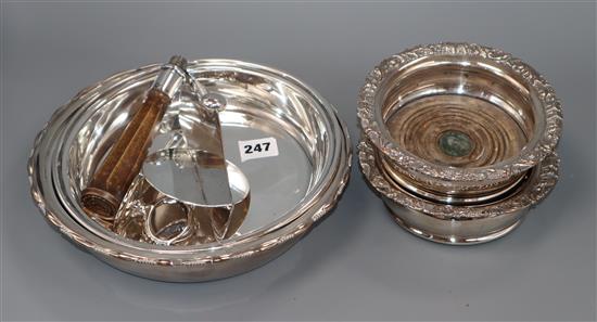 Sundry plated wares to include a pair of decanter coasters, and a two division lidded vegetable tureen with a detached handle